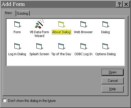 Add Form Dialog Box showing About Dialog Icon